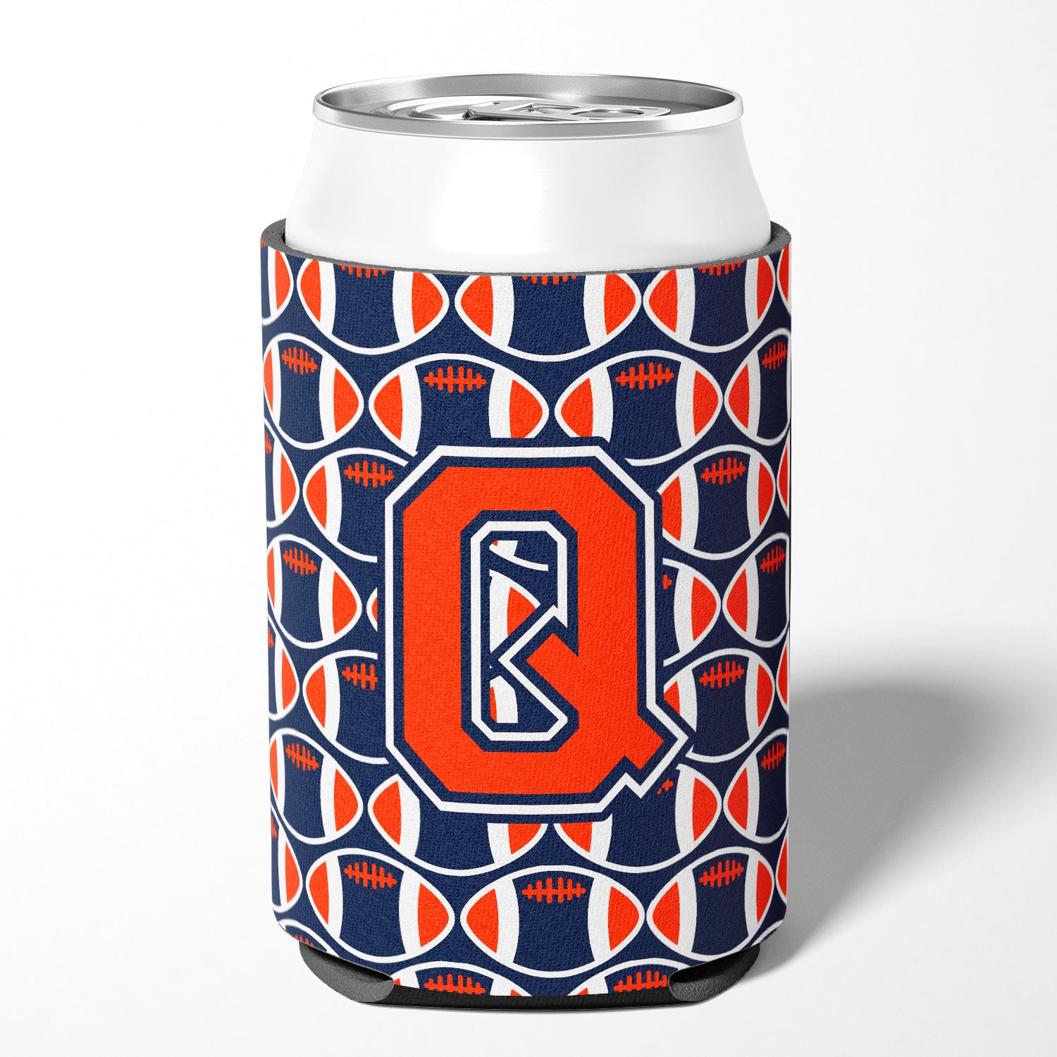 Letter Q Football Orange, Blue and white Can or Bottle Hugger CJ1066-QCC.