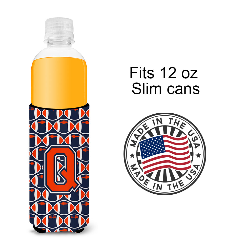 Letter Q Football Orange, Blue and white Ultra Beverage Insulators for slim cans CJ1066-QMUK.