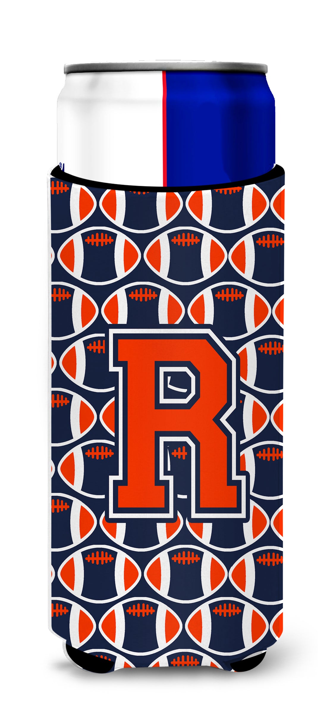 Letter R Football Orange, Blue and white Ultra Beverage Insulators for slim cans CJ1066-RMUK.