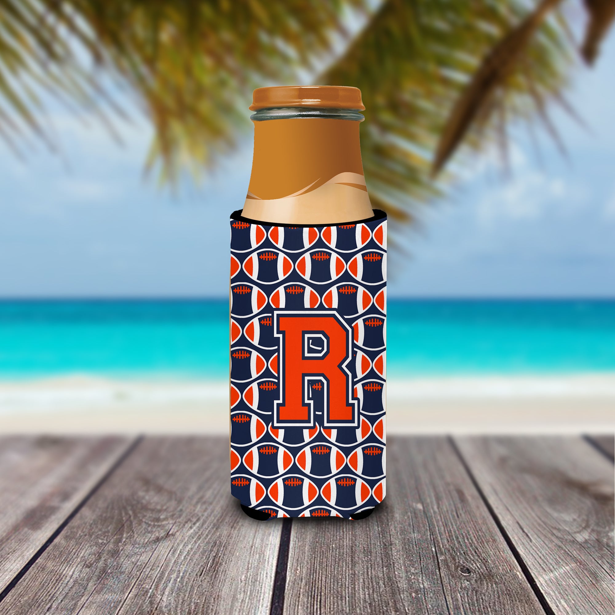 Letter R Football Orange, Blue and white Ultra Beverage Insulators for slim cans CJ1066-RMUK