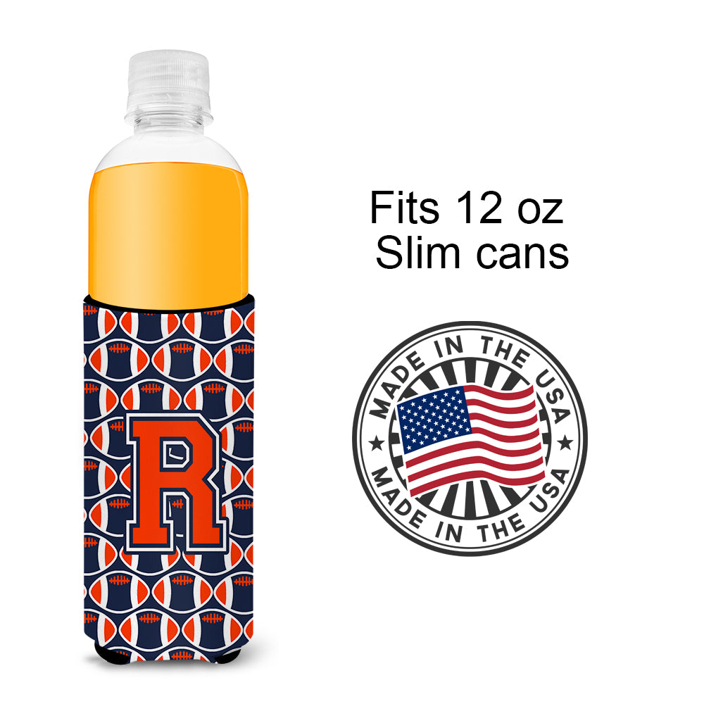 Letter R Football Orange, Blue and white Ultra Beverage Insulators for slim cans CJ1066-RMUK.