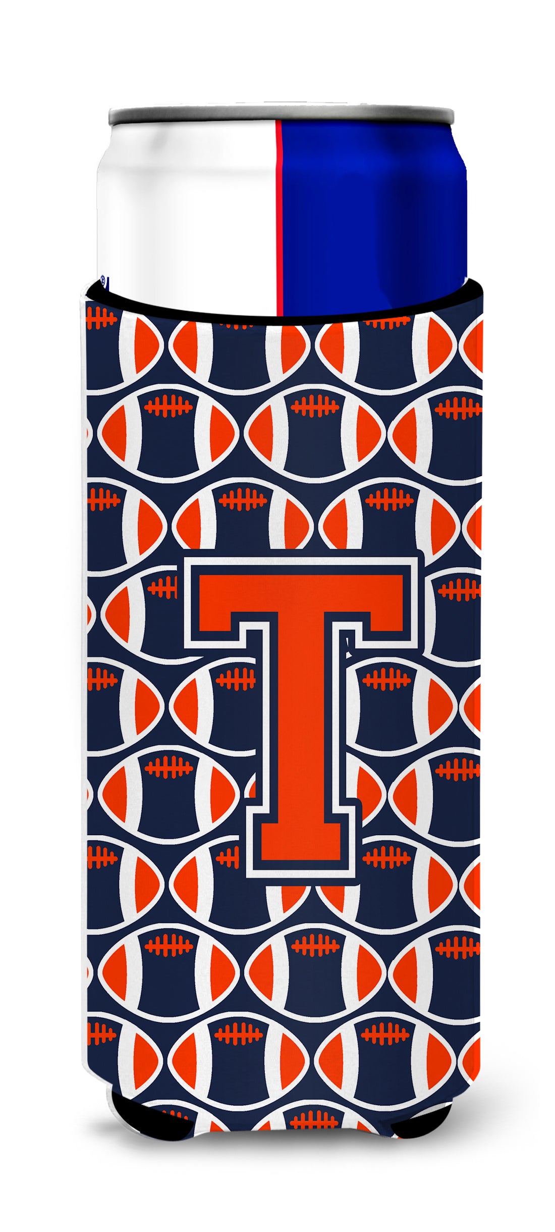 Letter T Football Orange, Blue and white Ultra Beverage Insulators for slim cans CJ1066-TMUK