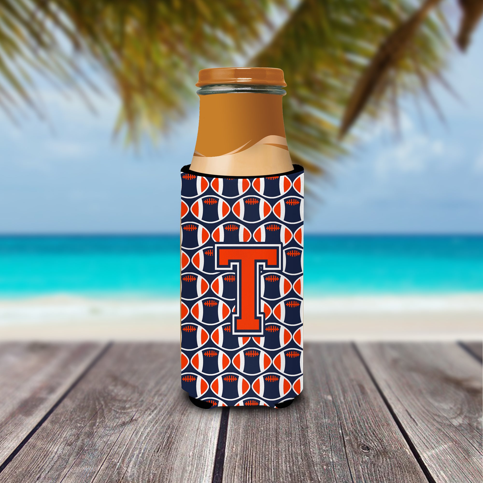Letter T Football Orange, Blue and white Ultra Beverage Insulators for slim cans CJ1066-TMUK