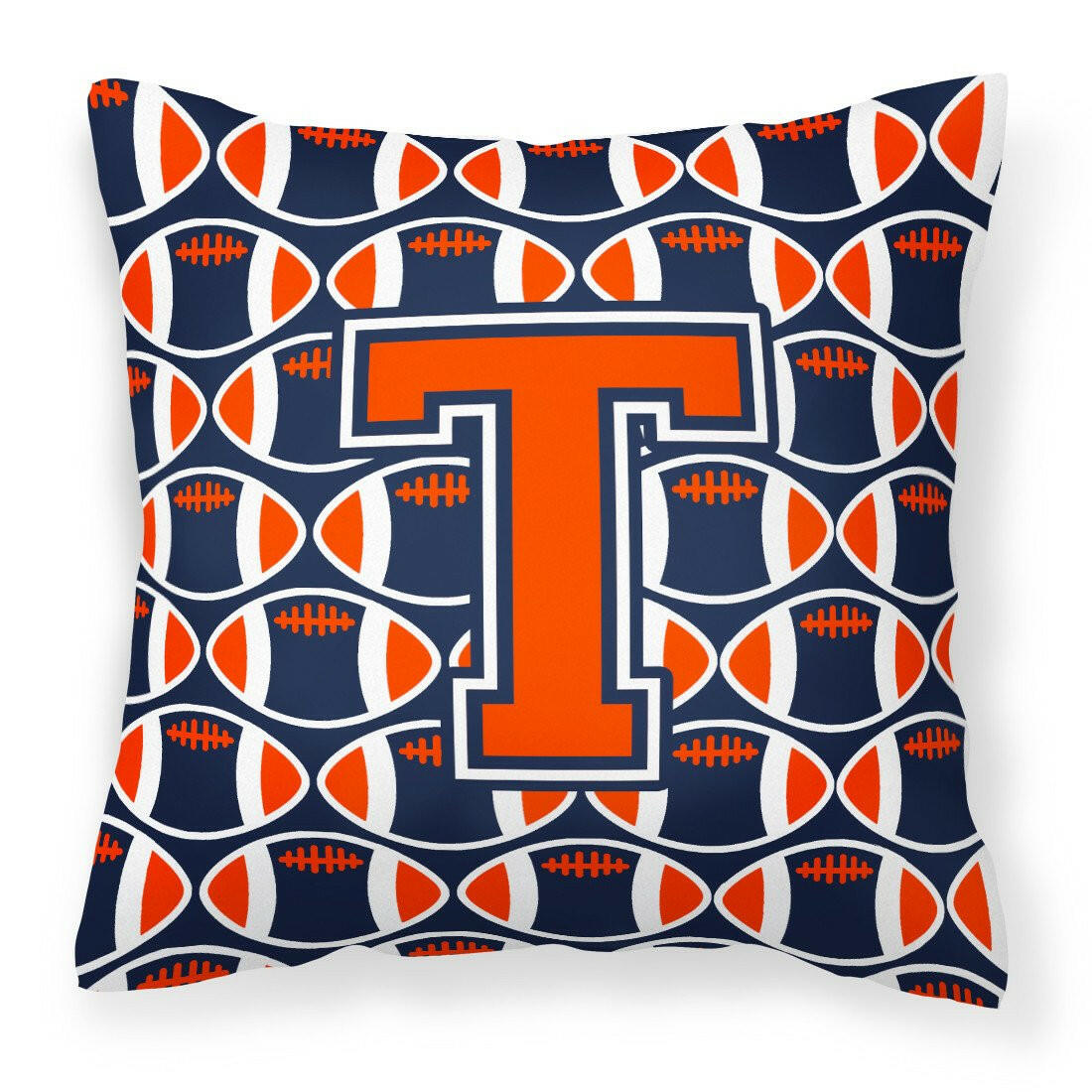 Letter T Football Orange, Blue and white Fabric Decorative Pillow CJ1066-TPW1414 by Caroline&#39;s Treasures