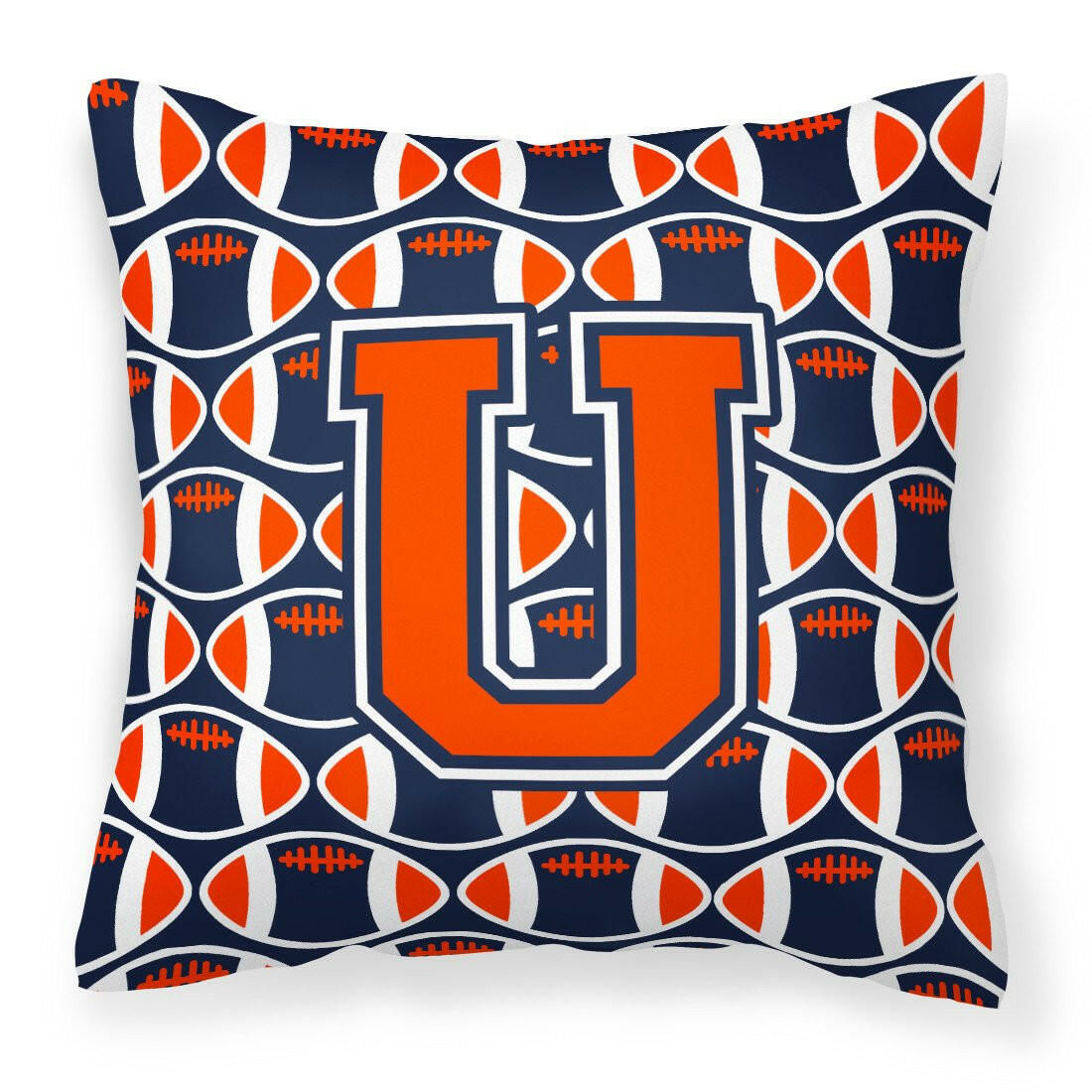 Letter U Football Orange, Blue and white Fabric Decorative Pillow CJ1066-UPW1414 by Caroline&#39;s Treasures