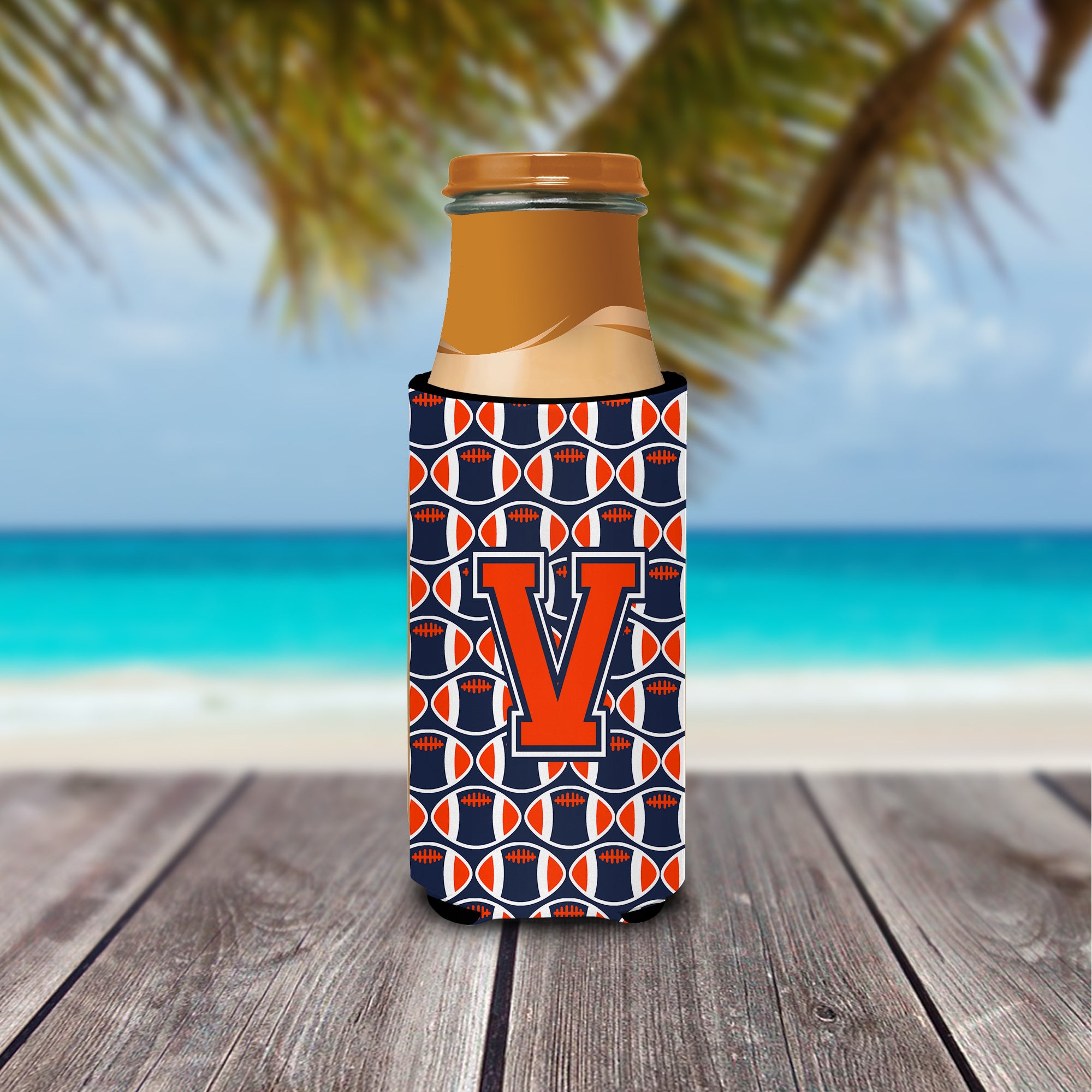 Letter V Football Orange, Blue and white Ultra Beverage Insulators for slim cans CJ1066-VMUK.