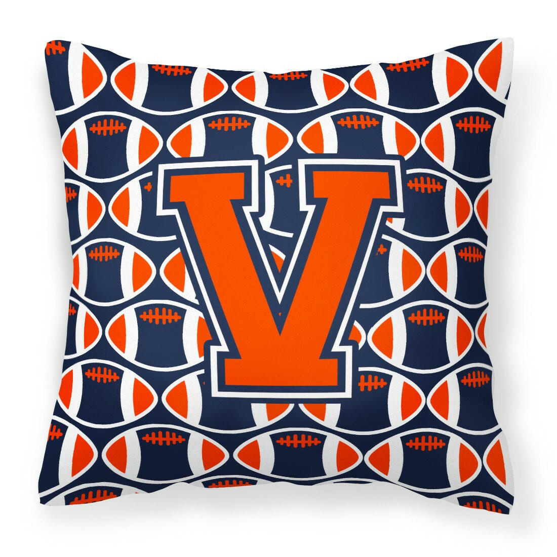 Letter V Football Orange, Blue and white Fabric Decorative Pillow CJ1066-VPW1414 by Caroline&#39;s Treasures