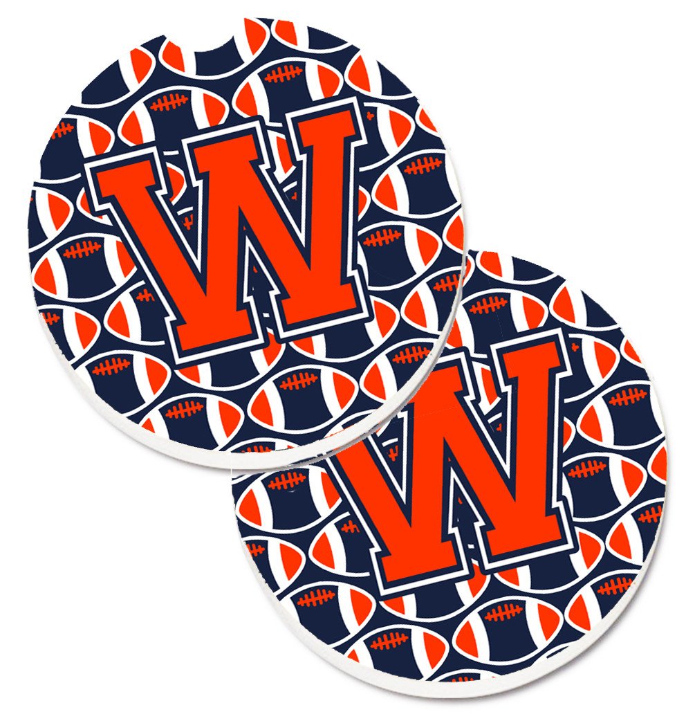 Letter W Football Orange, Blue and white Set of 2 Cup Holder Car Coasters CJ1066-WCARC by Caroline&#39;s Treasures