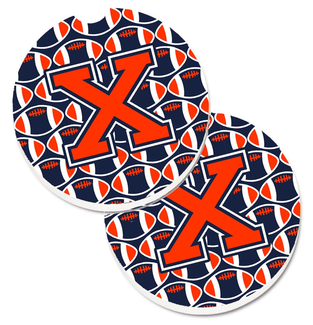 Letter X Football Orange, Blue and white Set of 2 Cup Holder Car Coasters CJ1066-XCARC by Caroline&#39;s Treasures