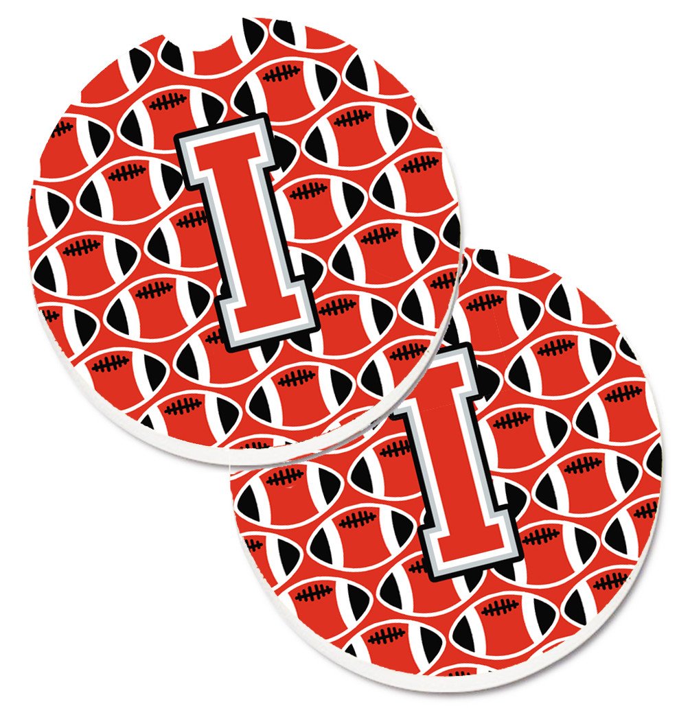 Letter I Football Scarlet and Grey Set of 2 Cup Holder Car Coasters CJ1067-ICARC by Caroline&#39;s Treasures