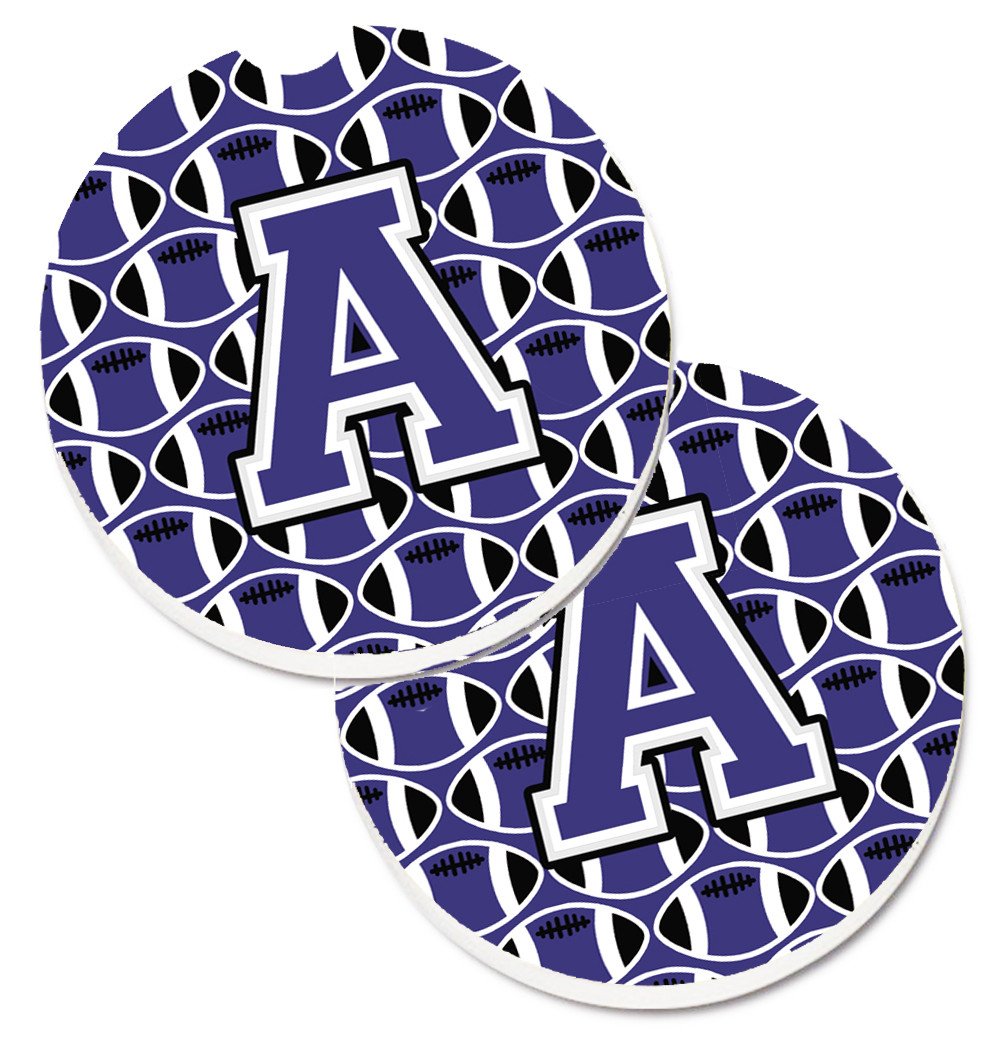 Letter A Football Purple and White Set of 2 Cup Holder Car Coasters CJ1068-ACARC by Caroline&#39;s Treasures