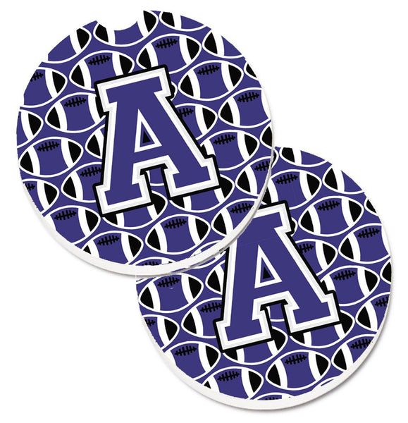 Letter A Football Purple and White Set of 2 Cup Holder Car Coasters CJ1068-ACARC by Caroline's Treasures
