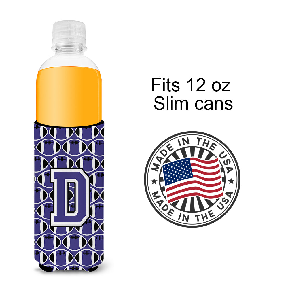Letter D Football Purple and White Ultra Beverage Insulators for slim cans CJ1068-DMUK.