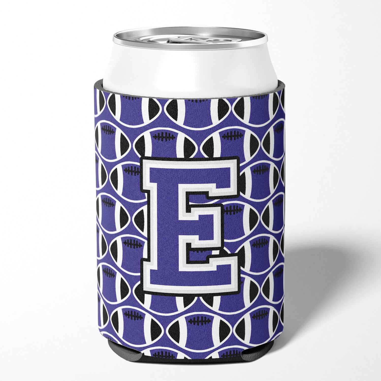 Letter E Football Purple and White Can or Bottle Hugger CJ1068-ECC