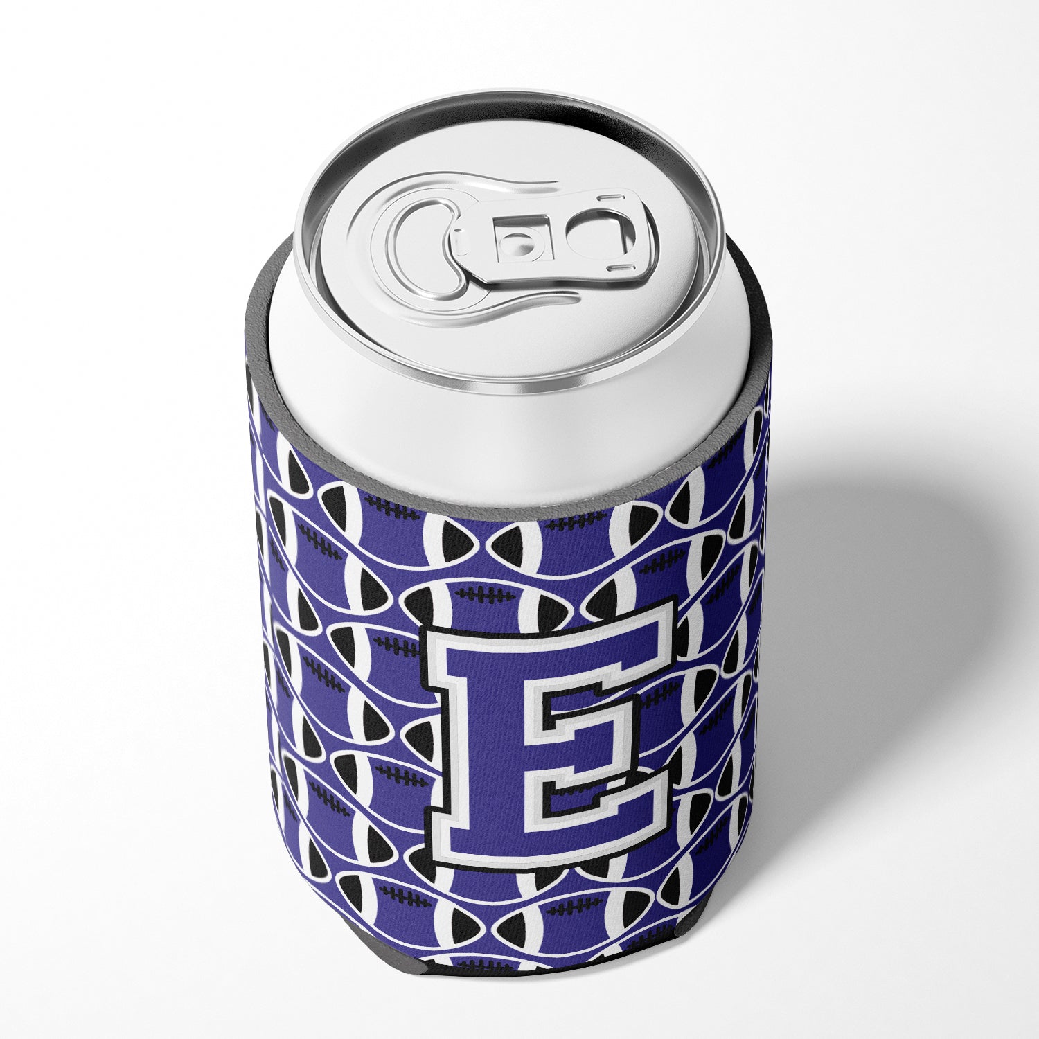 Letter E Football Purple and White Can or Bottle Hugger CJ1068-ECC.