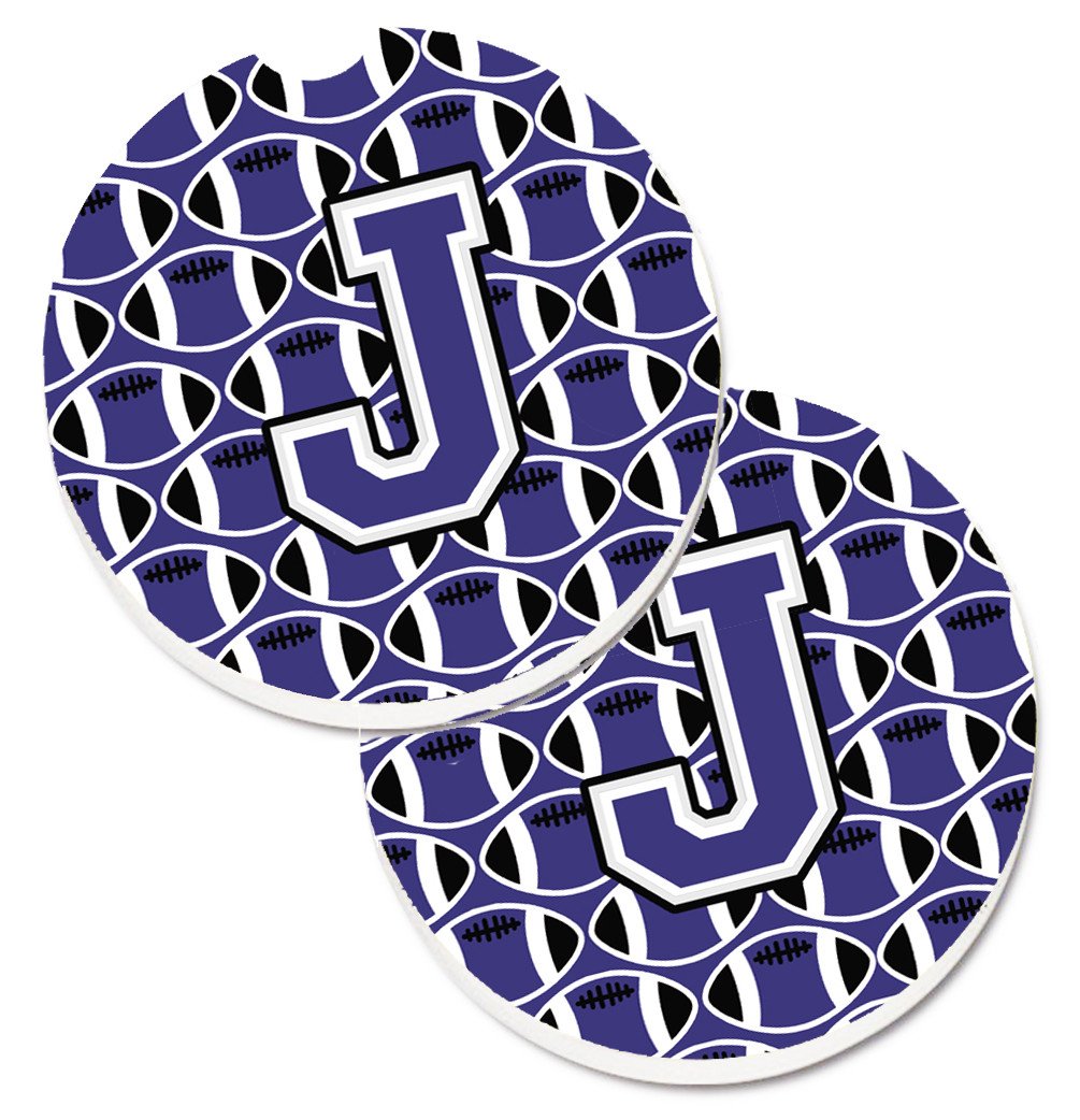 Letter J Football Purple and White Set of 2 Cup Holder Car Coasters CJ1068-JCARC by Caroline&#39;s Treasures