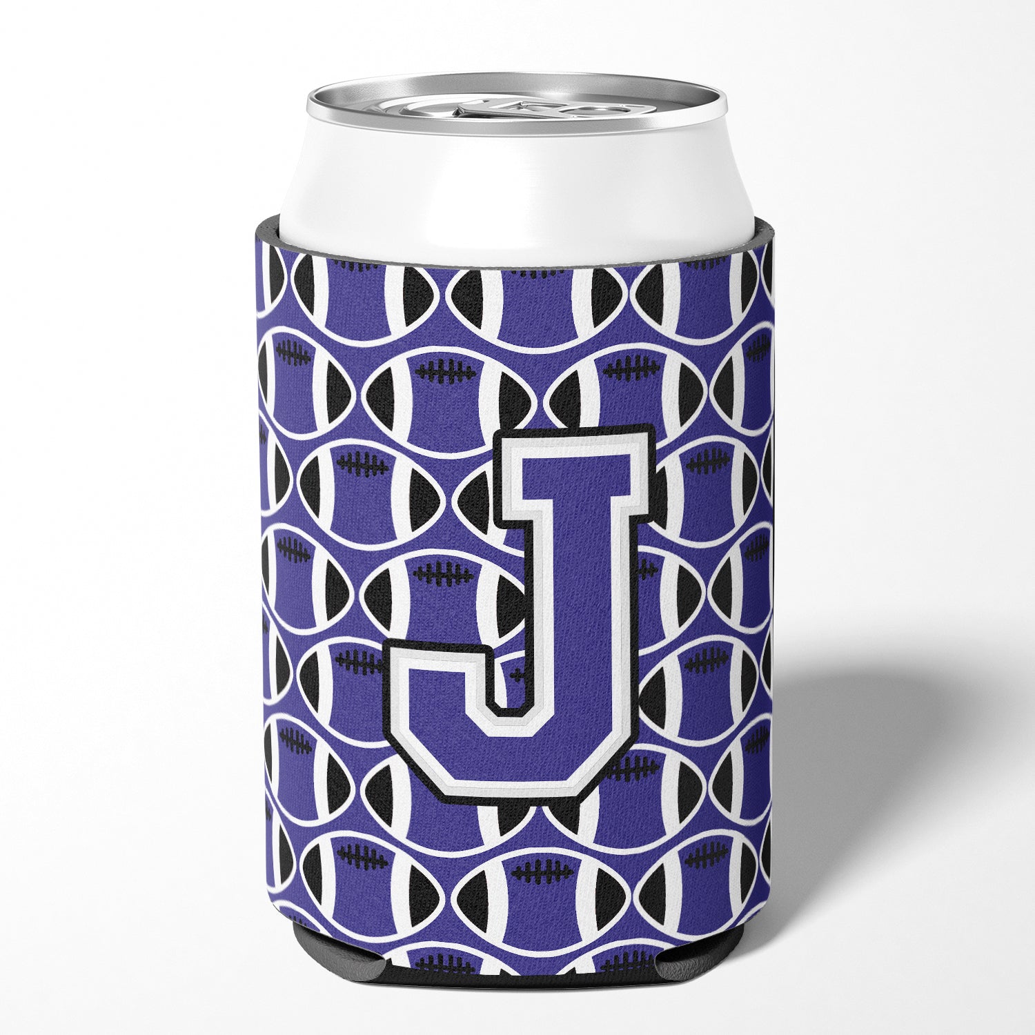 Lettre J Football violet et blanc porte-canette ou porte-bouteille CJ1068-JCC