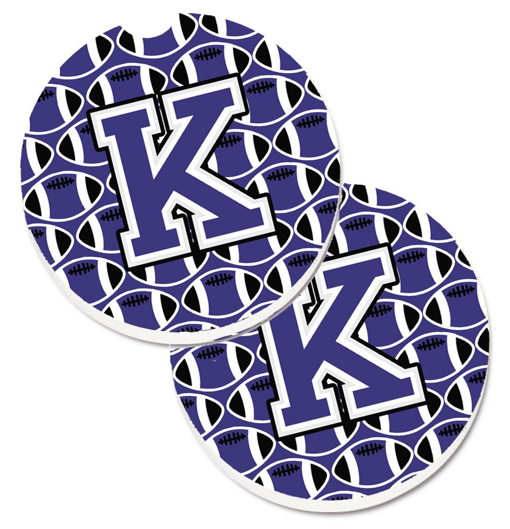 Letter K Football Purple and White Set of 2 Cup Holder Car Coasters CJ1068-KCARC by Caroline&#39;s Treasures