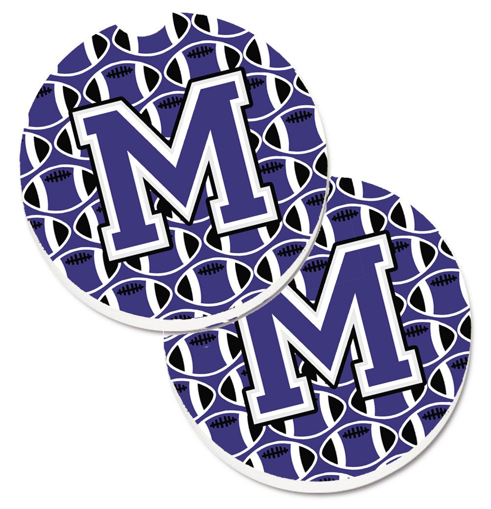 Letter M Football Purple and White Set of 2 Cup Holder Car Coasters CJ1068-MCARC by Caroline&#39;s Treasures