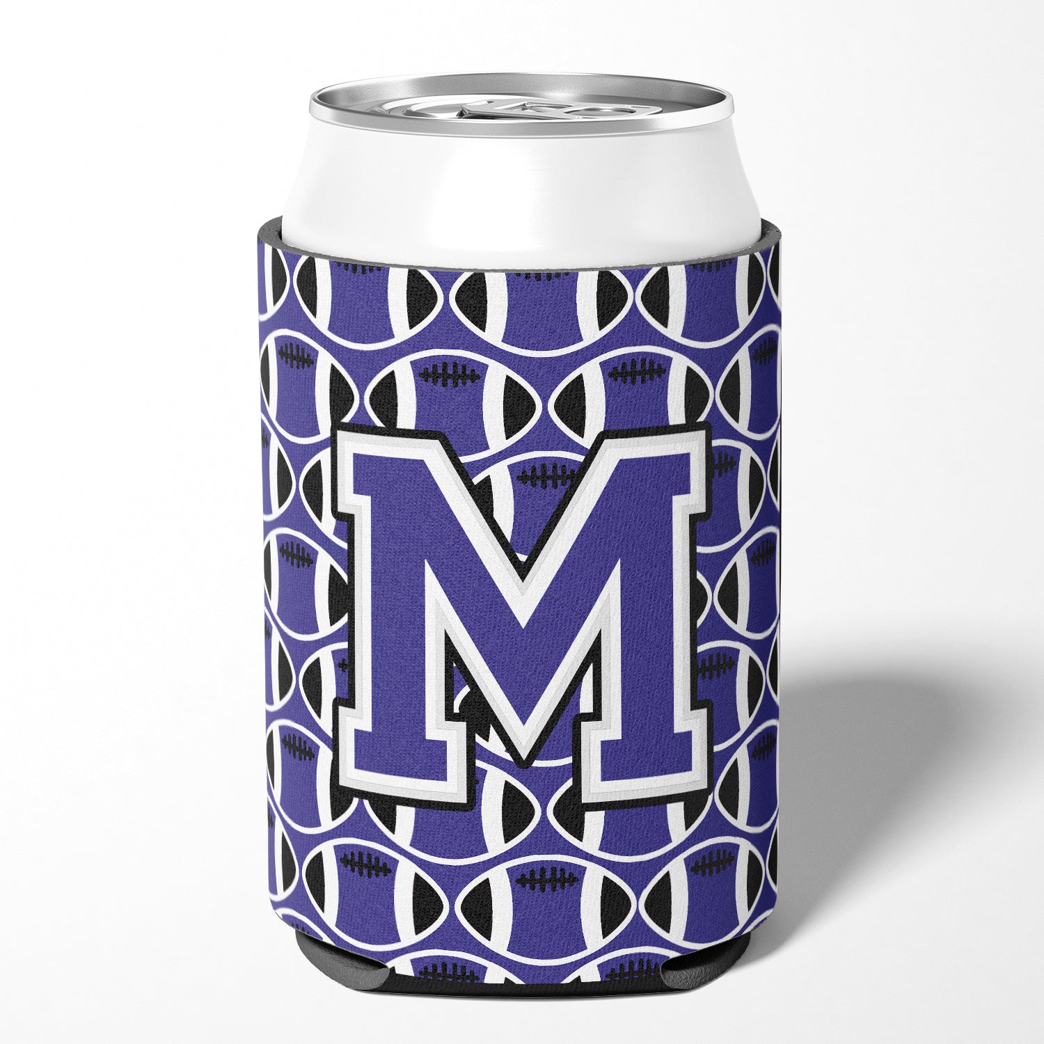 Letter M Football Purple and White Can or Bottle Hugger CJ1068-MCC.