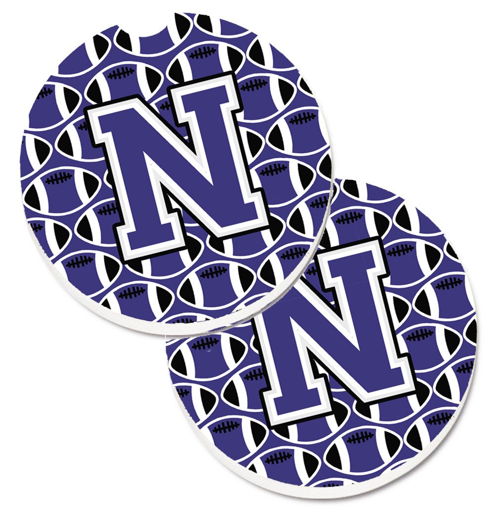 Letter N Football Purple and White Set of 2 Cup Holder Car Coasters CJ1068-NCARC by Caroline&#39;s Treasures
