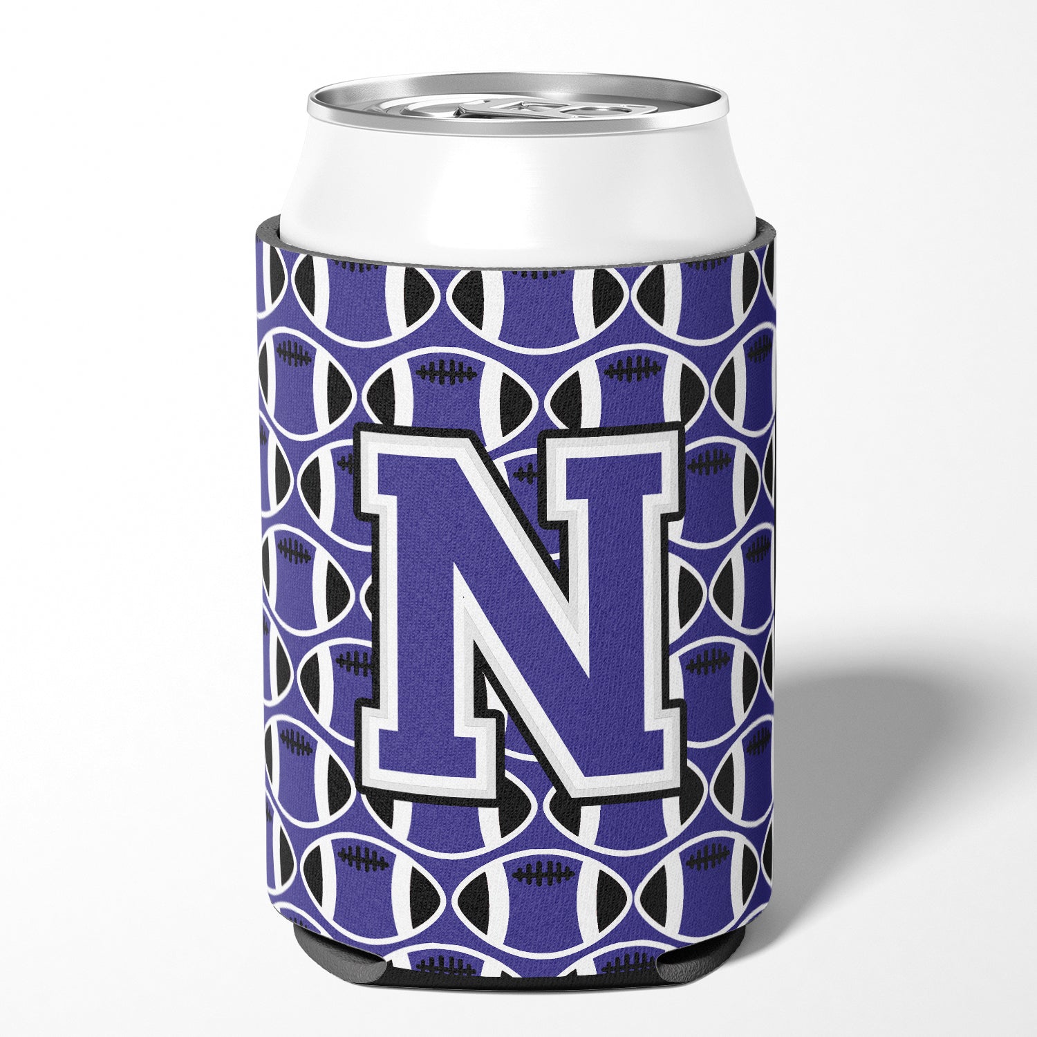 Letter N Football Purple and White Can or Bottle Hugger CJ1068-NCC