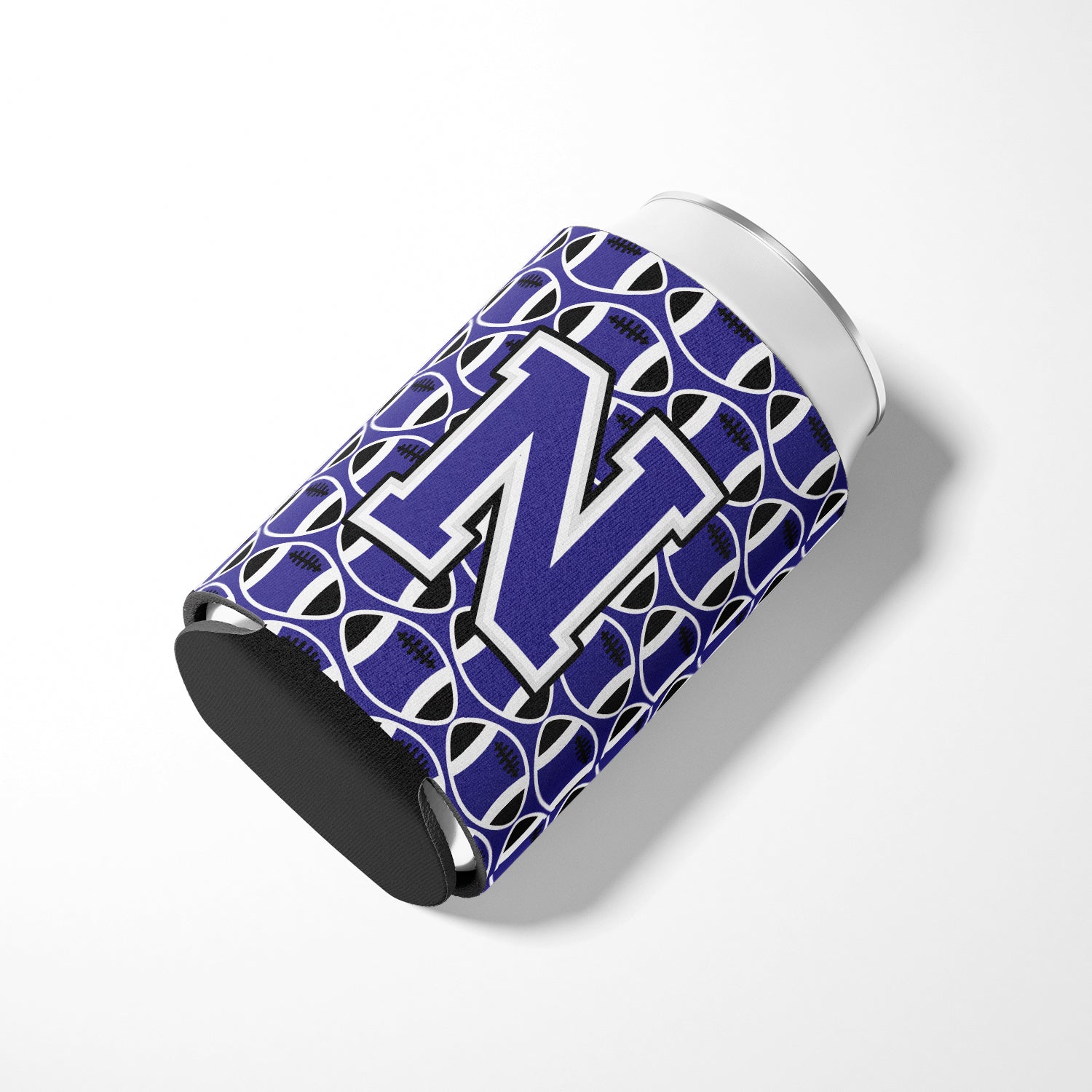 Letter N Football Purple and White Can or Bottle Hugger CJ1068-NCC.