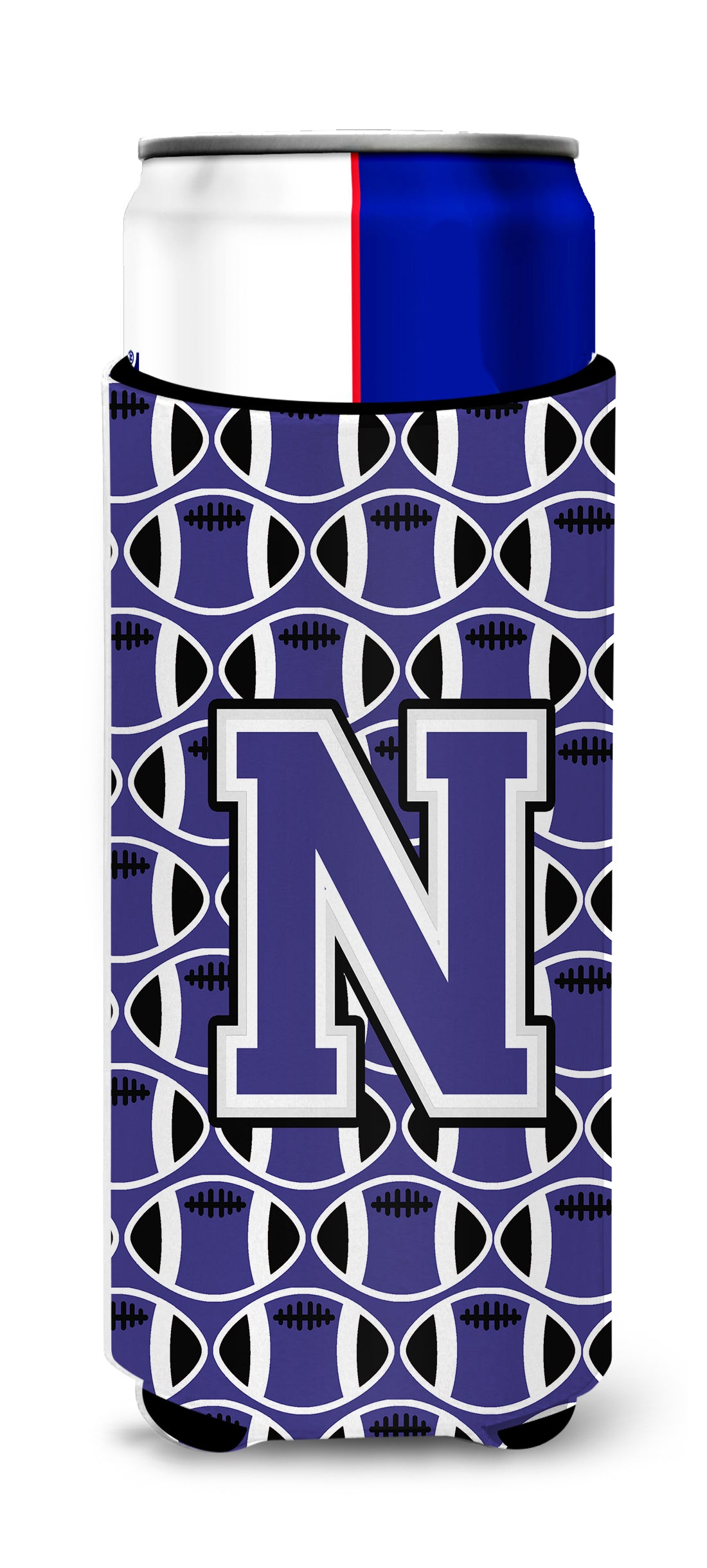Letter N Football Purple and White Ultra Beverage Insulators for slim cans CJ1068-NMUK.