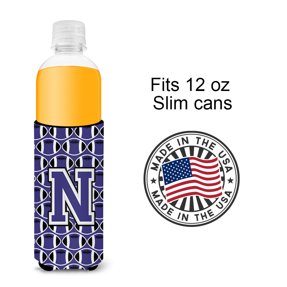 Letter N Football Purple and White Ultra Beverage Insulators for slim cans CJ1068-NMUK.