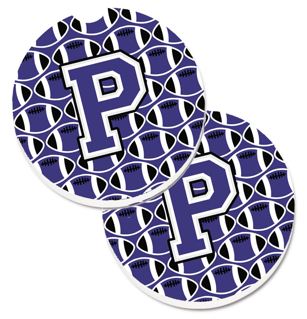 Letter P Football Purple and White Set of 2 Cup Holder Car Coasters CJ1068-PCARC by Caroline's Treasures