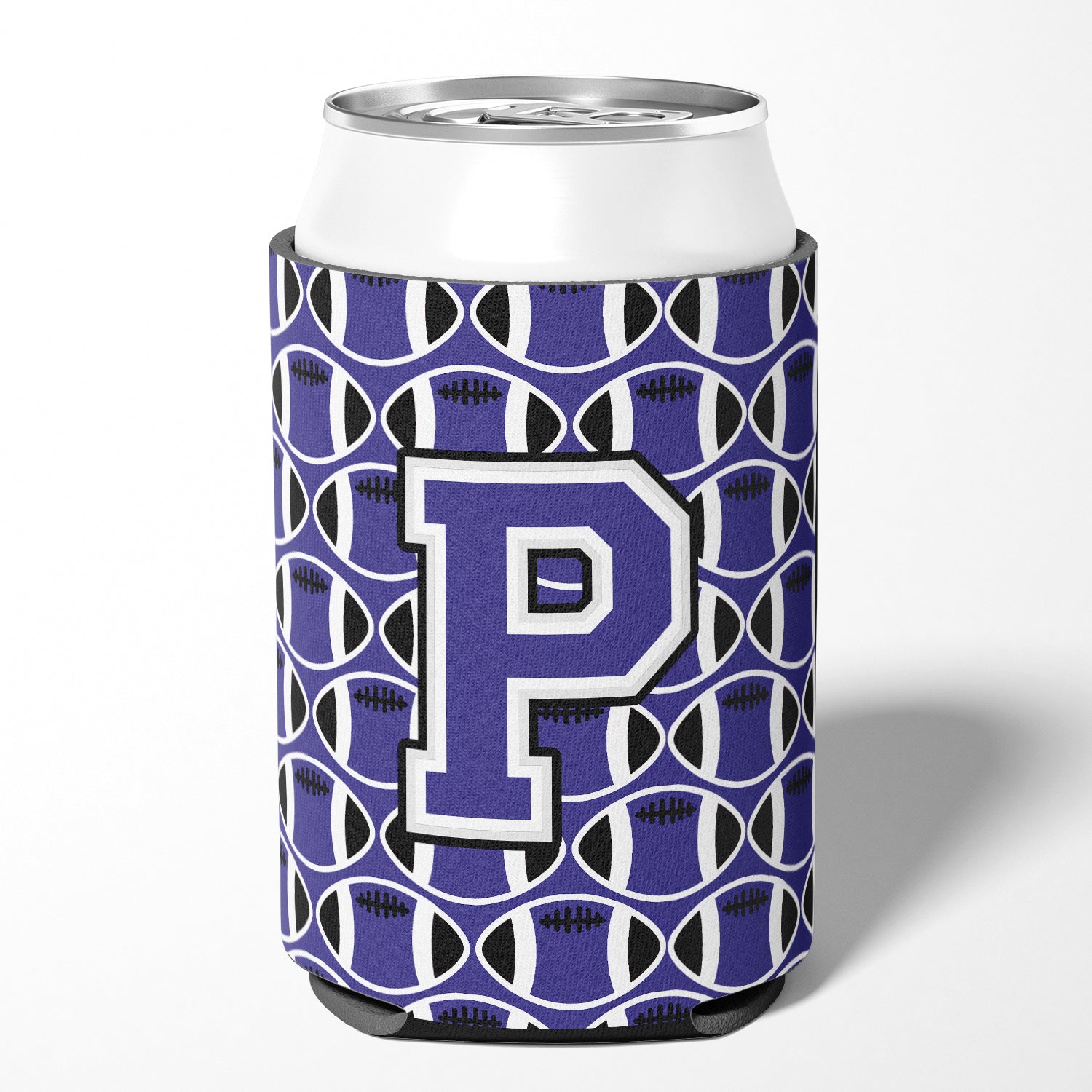 Letter P Football Purple and White Can or Bottle Hugger CJ1068-PCC
