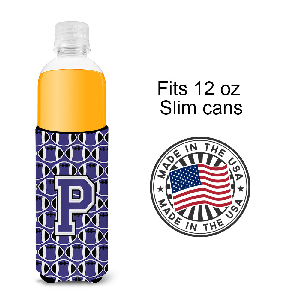 Letter P Football Purple and White Ultra Beverage Insulators for slim cans CJ1068-PMUK