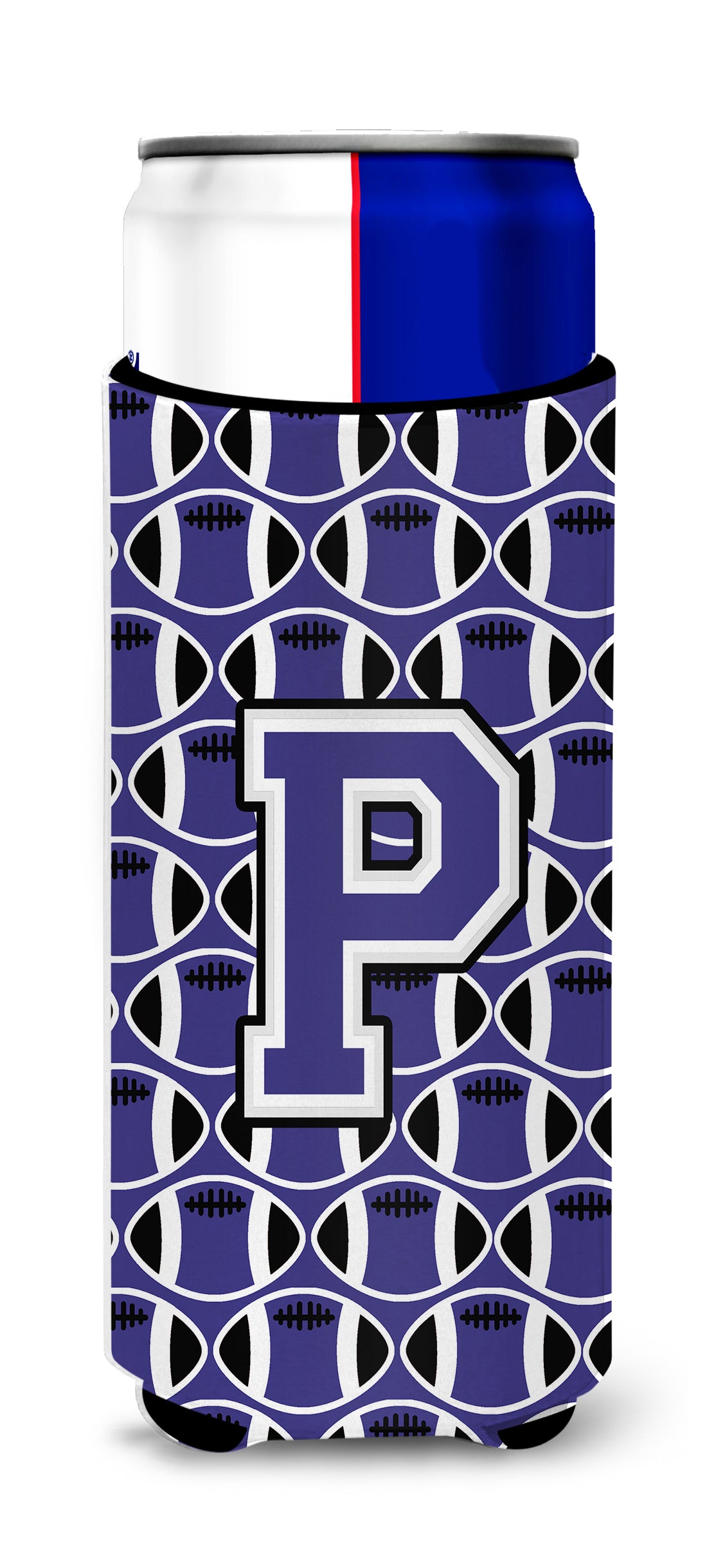 Letter P Football Purple and White Ultra Beverage Insulators for slim cans CJ1068-PMUK.