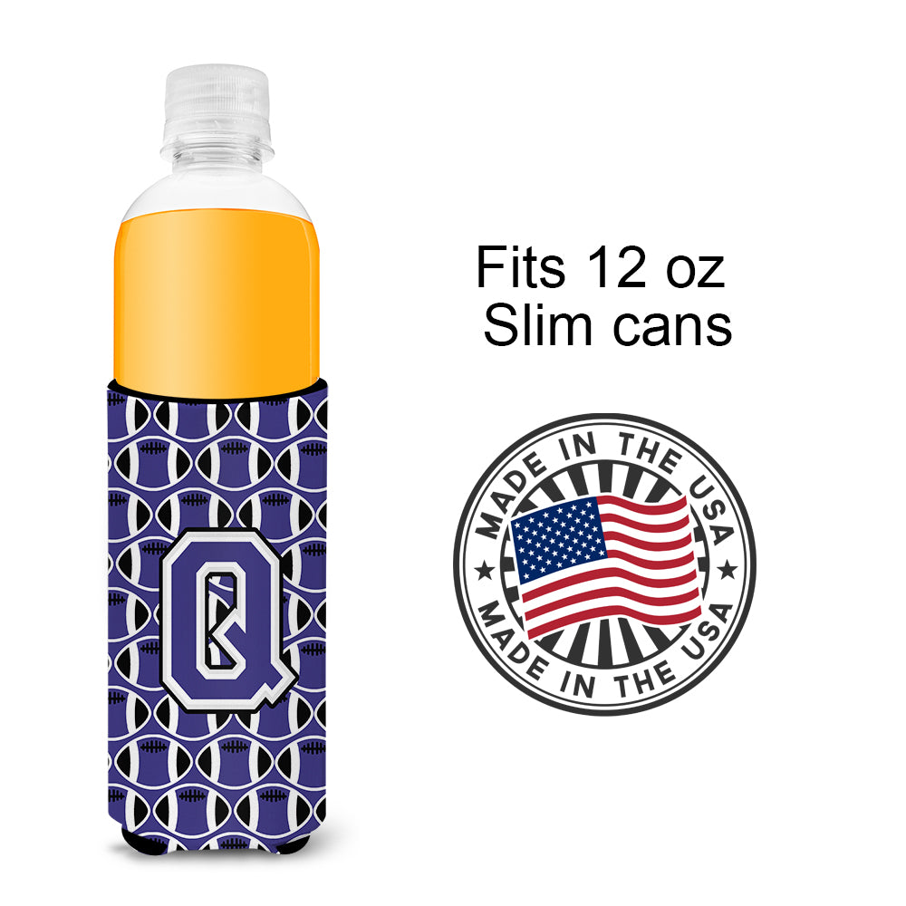 Letter Q Football Purple and White Ultra Beverage Insulators for slim cans CJ1068-QMUK.