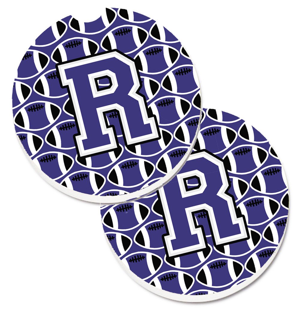 Letter R Football Purple and White Set of 2 Cup Holder Car Coasters CJ1068-RCARC by Caroline&#39;s Treasures