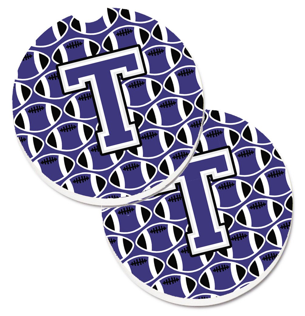 Letter T Football Purple and White Set of 2 Cup Holder Car Coasters CJ1068-TCARC by Caroline&#39;s Treasures