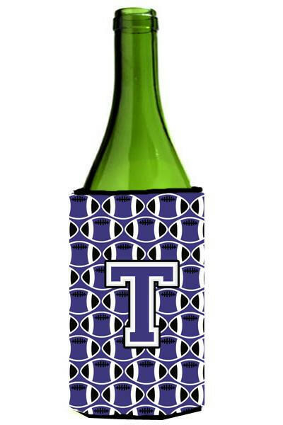 Letter T Football Purple and White Wine Bottle Beverage Insulator Hugger CJ1068-TLITERK by Caroline's Treasures