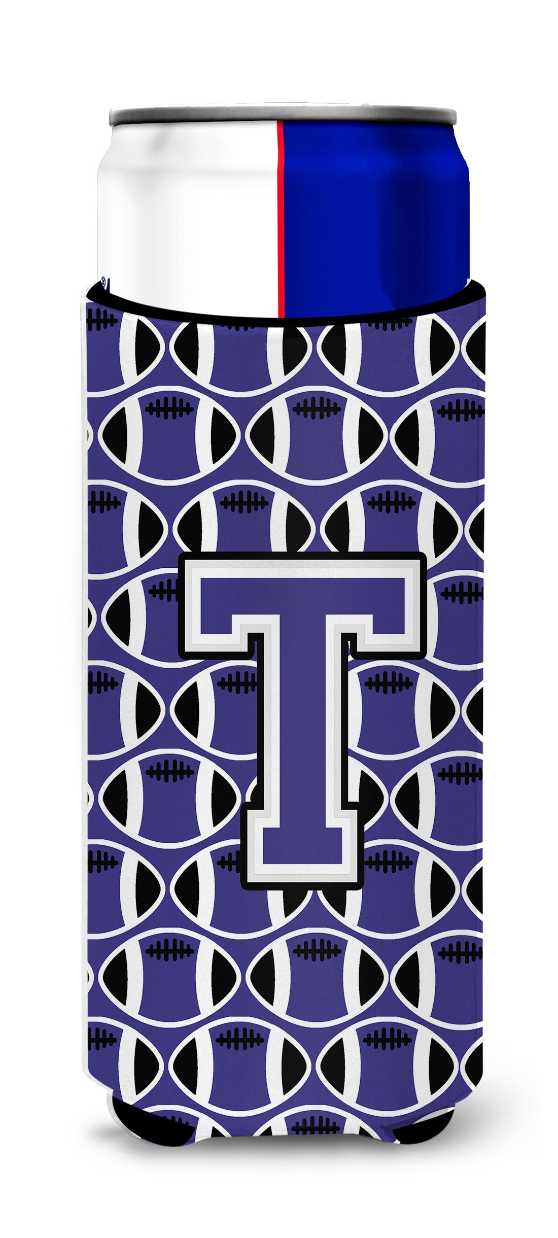 Letter T Football Purple and White Ultra Beverage Insulators for slim cans CJ1068-TMUK