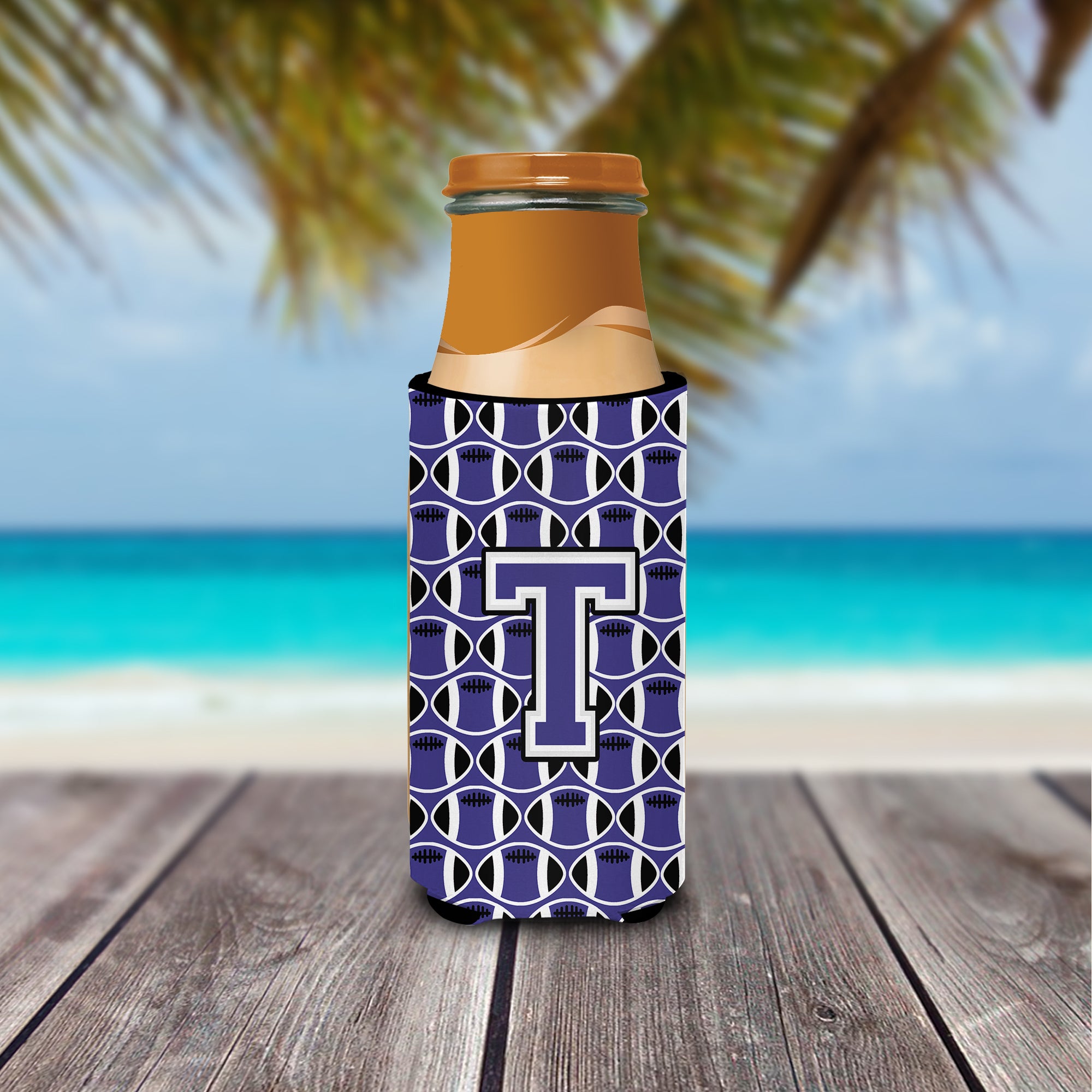 Letter T Football Purple and White Ultra Beverage Insulators for slim cans CJ1068-TMUK.
