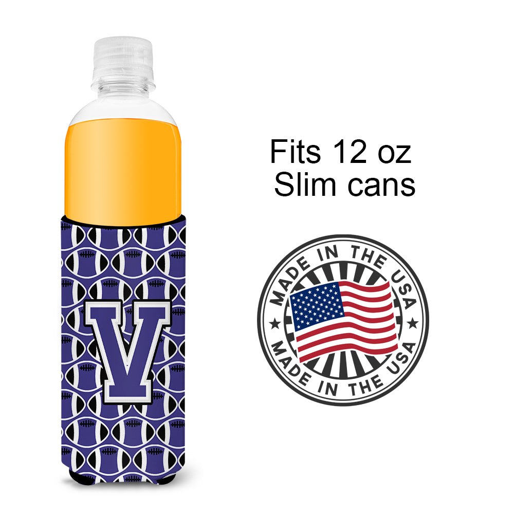 Letter V Football Purple and White Ultra Beverage Insulators for slim cans CJ1068-VMUK.