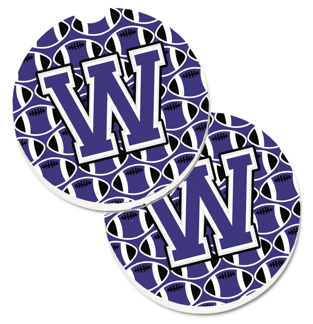 Letter W Football Purple and White Set of 2 Cup Holder Car Coasters CJ1068-WCARC by Caroline&#39;s Treasures