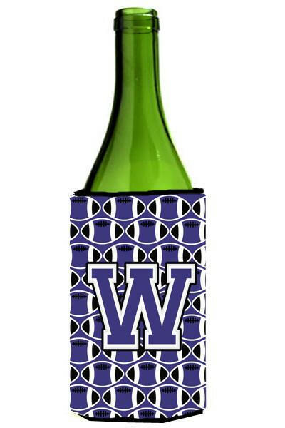 Letter W Football Purple and White Wine Bottle Beverage Insulator Hugger CJ1068-WLITERK by Caroline&#39;s Treasures