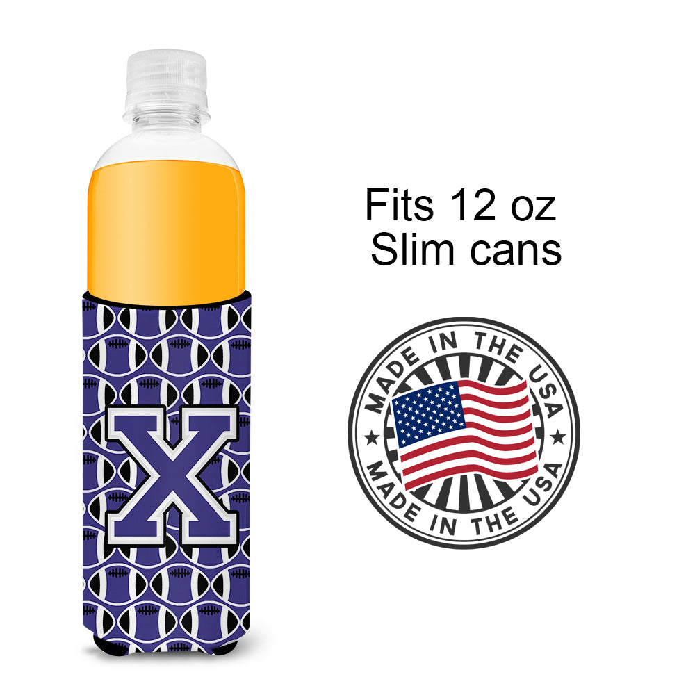 Letter X Football Purple and White Ultra Beverage Insulators for slim cans CJ1068-XMUK.