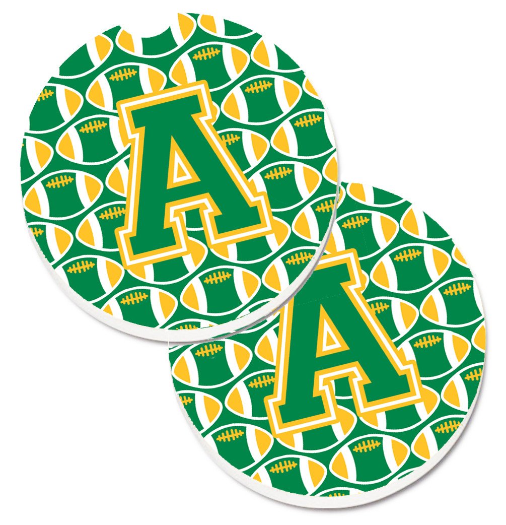 Letter A Football Green and Gold Set of 2 Cup Holder Car Coasters CJ1069-ACARC by Caroline&#39;s Treasures
