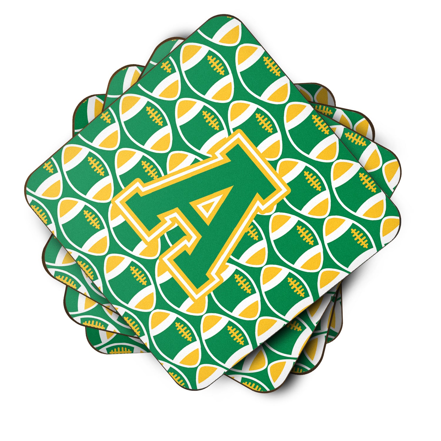 Letter A Football Green and Gold Foam Coaster Set of 4 CJ1069-AFC - the-store.com