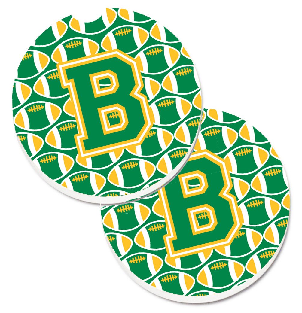 Letter B Football Green and Gold Set of 2 Cup Holder Car Coasters CJ1069-BCARC by Caroline&#39;s Treasures