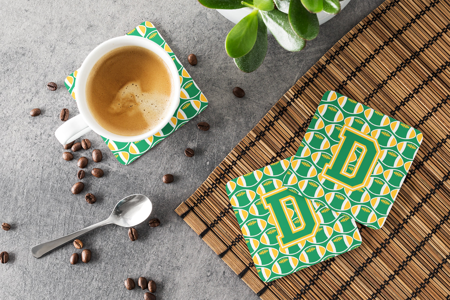 Letter D Football Green and Gold Foam Coaster Set of 4 CJ1069-DFC - the-store.com