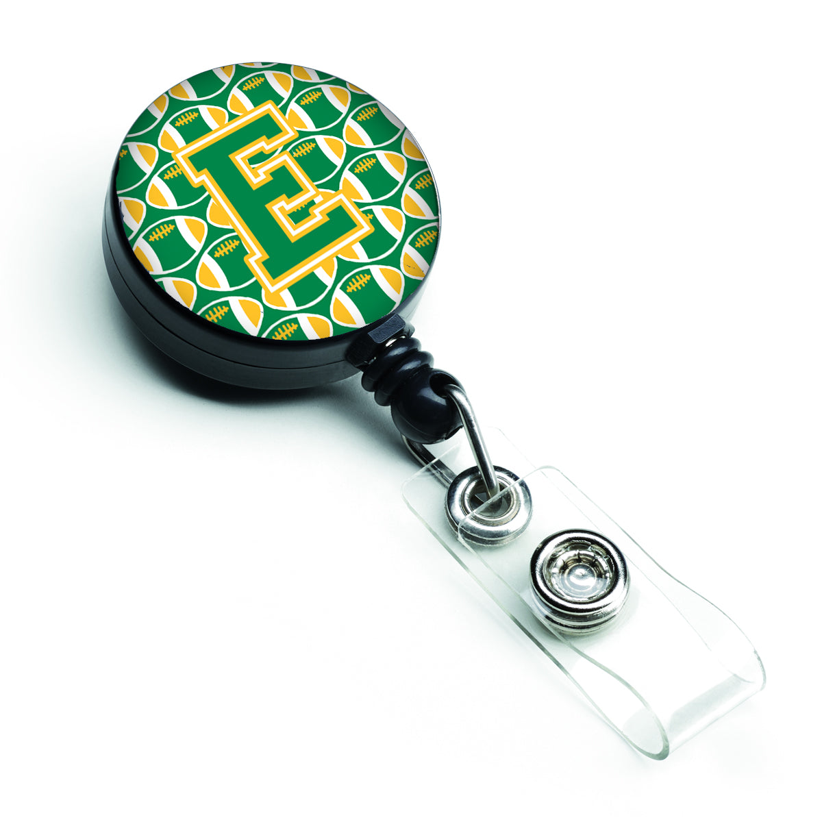 Letter E Football Green and Gold Retractable Badge Reel CJ1069-EBR