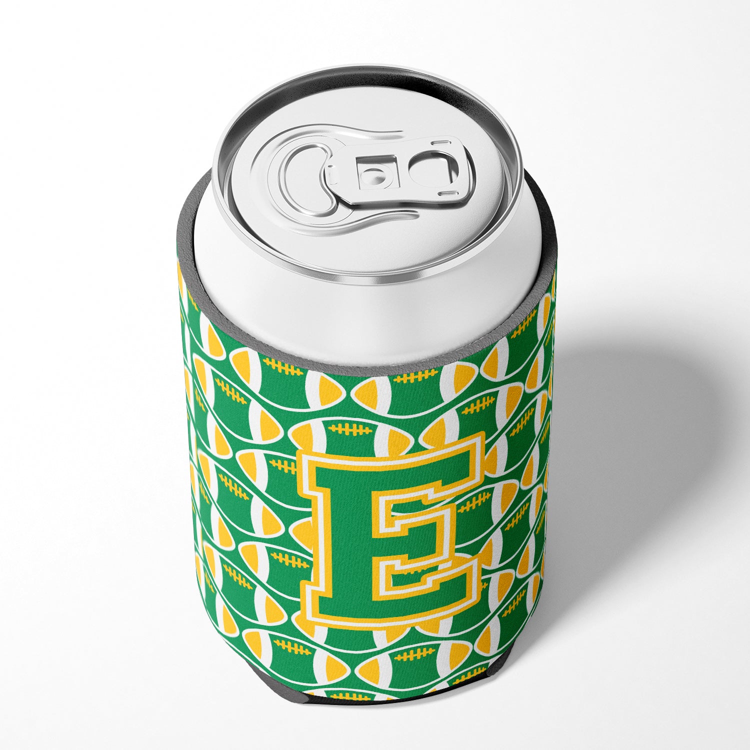Letter E Football Green and Gold Can or Bottle Hugger CJ1069-ECC