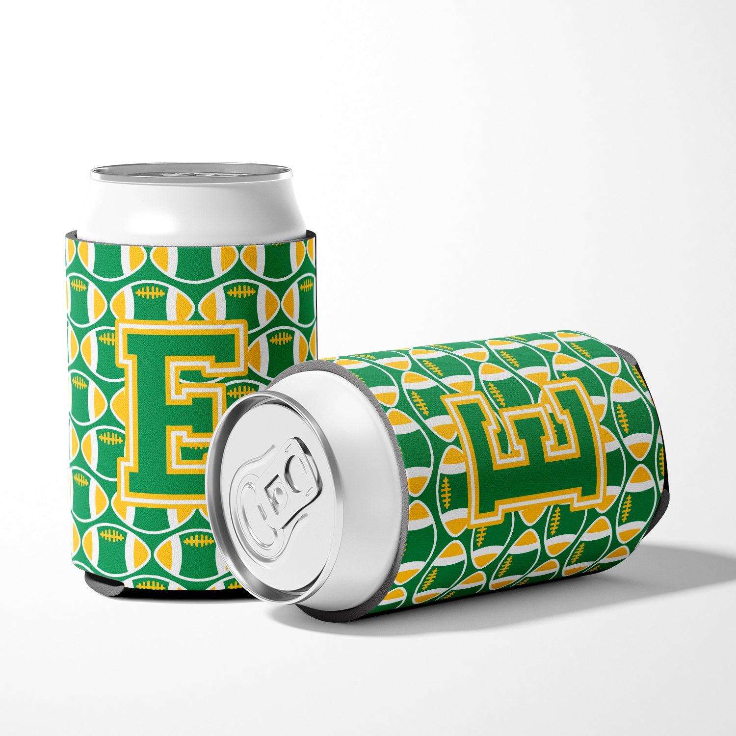 Letter E Football Green and Gold Can or Bottle Hugger CJ1069-ECC